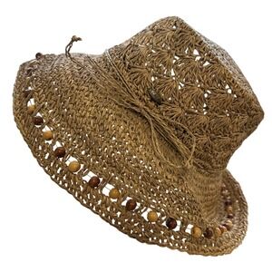 Scala Collection Womens Straw Sun Hat Wood Bead Boho Crochet Bow Beach Wide Brim